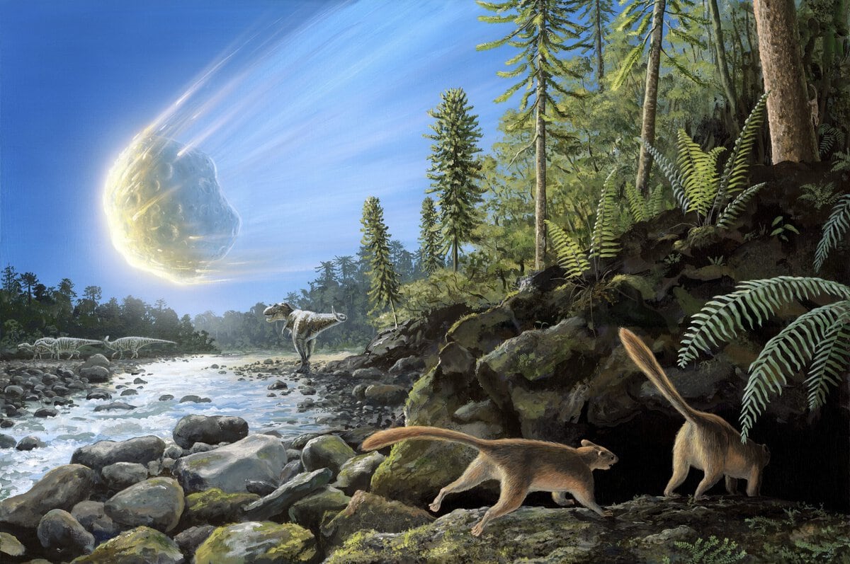 Artist’s impression door Richard Bizley van de inslag van de meteoriet, 66 miljoen jaar geleden.