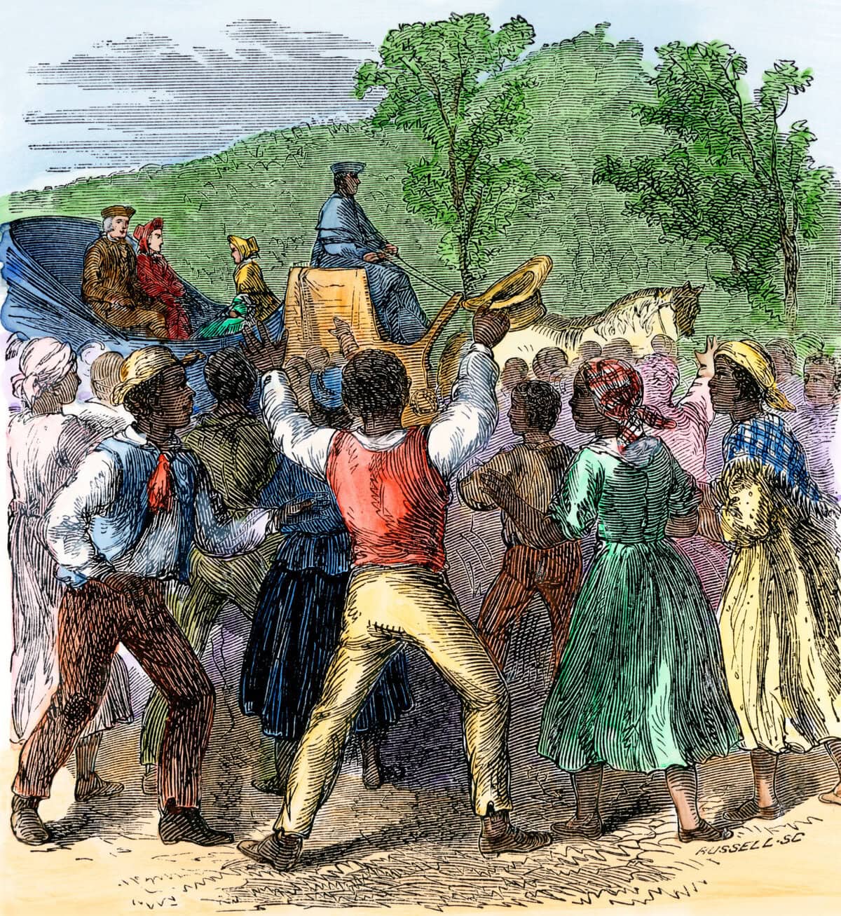 Thomas Jefferson keert in 1789 vanuit Frankrijk terug naar zijn landgoed Monticello, waar hij wordt verwelkomd door zijn slaven.