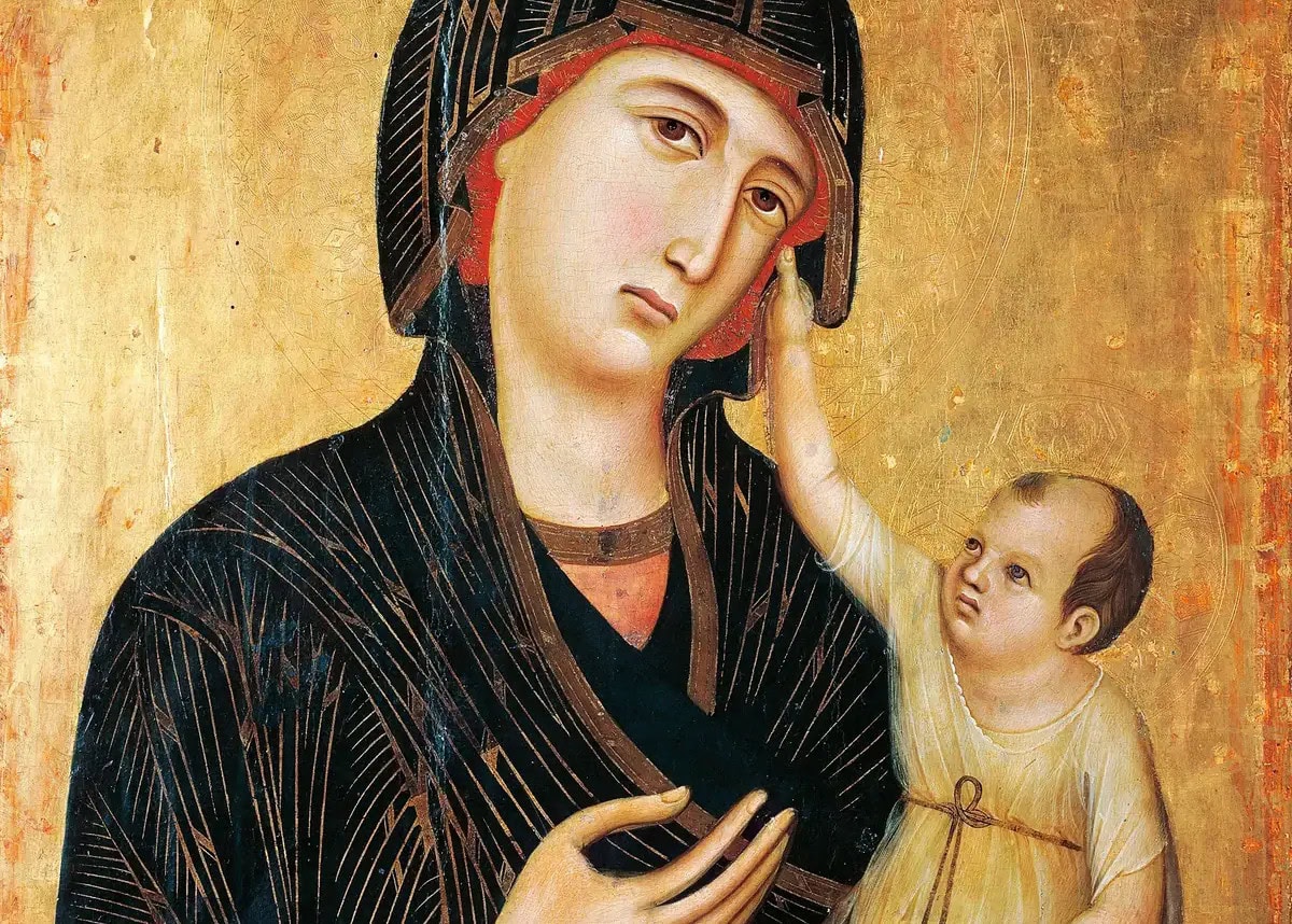 Jezus heeft al een wijkende haarlijn in dit dertiende-eeuwse schilderij van Duccio di Buoninsegna.