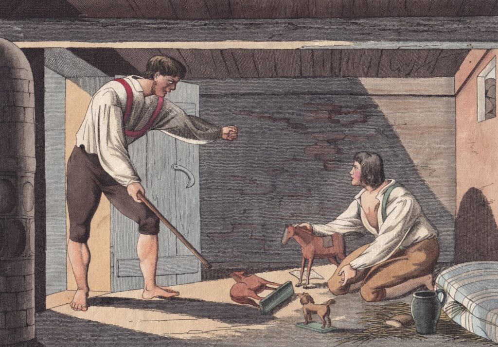 Negentiende-eeuws vierluik met prenten over Kaspar Hauser, door Johann Michael Voltz. Kaspar zit opgesloten in een kamertje.