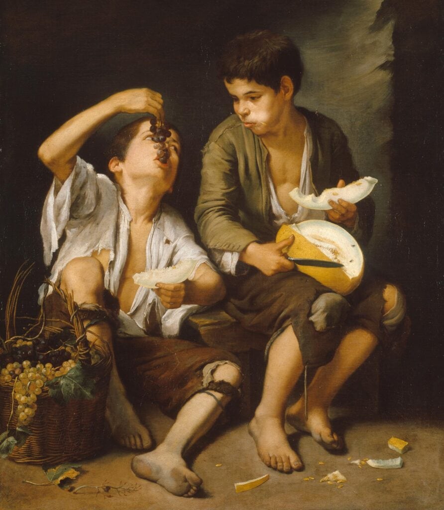 Kinderen genieten van druiven en meloen. Schilderij door Bartolomé Esteban Murillo, 1645-1650.