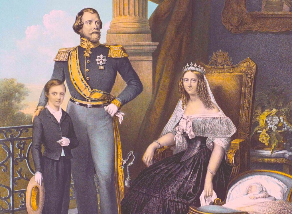 Koning Willem III met zijn vrouw Sophie en hun twee zoons. Portret door Reinier Craeyvanger.