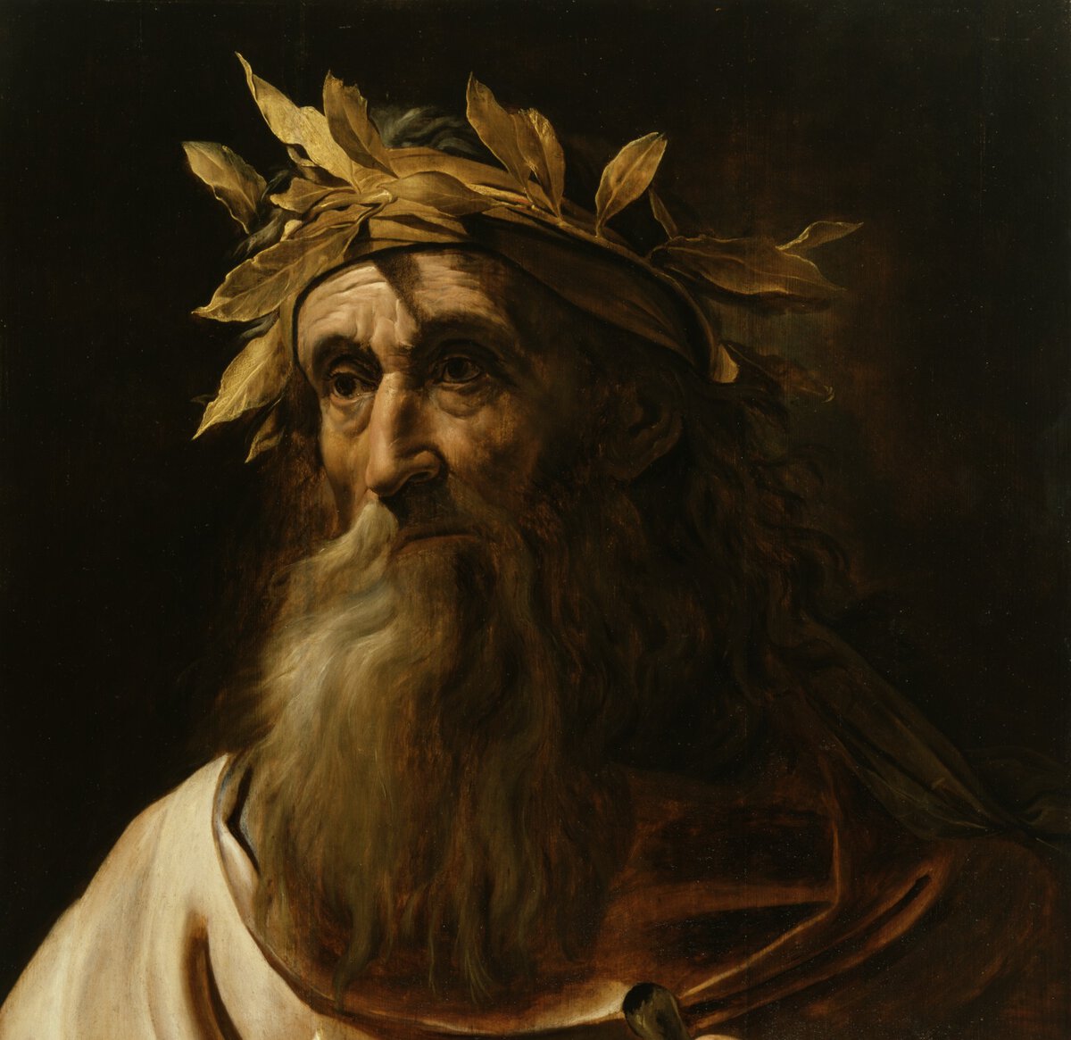 Oudgriekse afbeelding van een dichter met lauwerkrans en lange baard.
