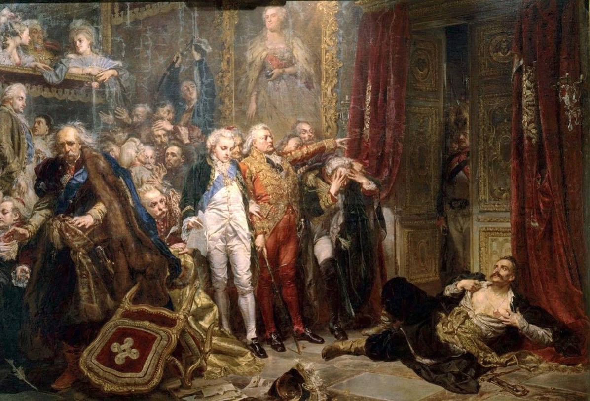 Rejtan (rechts) werpt zich voor de deur van de Sejm om de eerste Poolse deling te stoppen. Schilderij door Jan Matejko,1866.