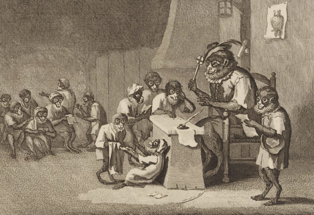 Schoolklas met ondeugende apen. Achttiende-eeuwse ets.