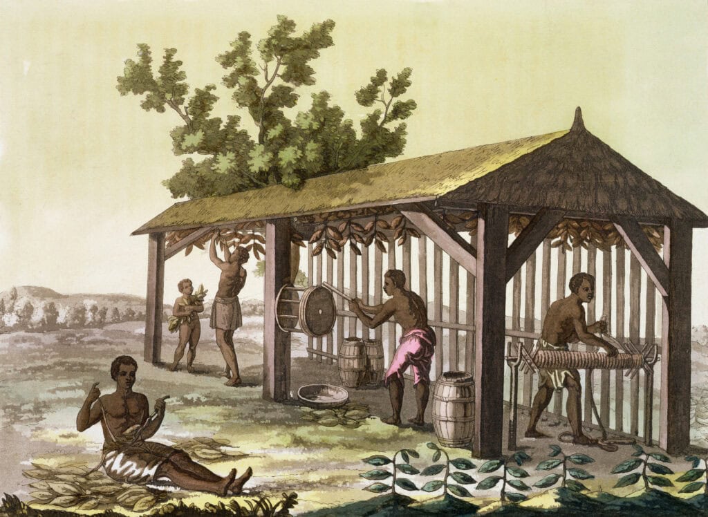 Slaven op een tabaksplantage in Virginia, circa 1790.