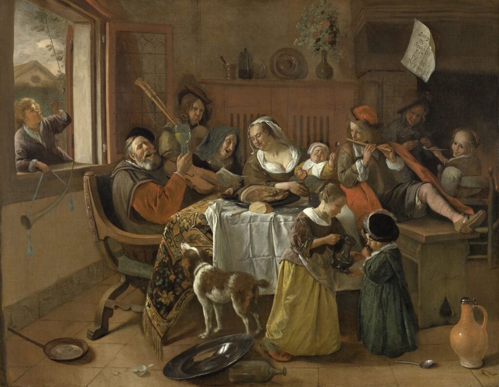 Soo de ouden songen, pijpen de jongen door Jan Steen toont een chaotisch gezin, 1668.
