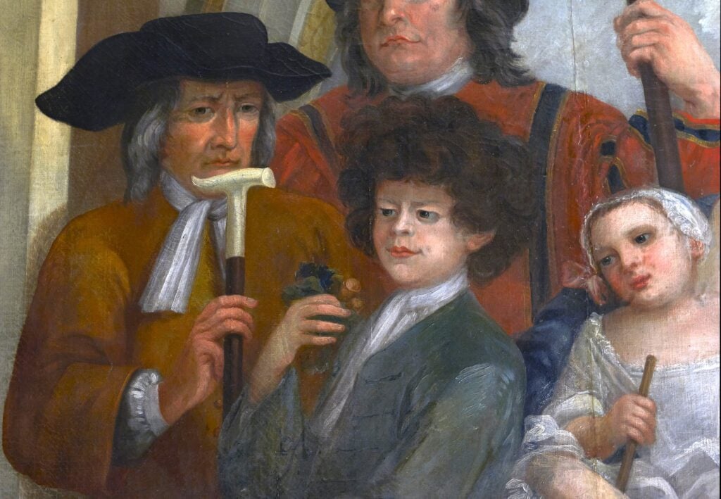 Wilde Peter wordt in 1724 aangetroffen in de bossen bij Hamelen. Hier op een muurschildering door William Kent in Kensington Palace.