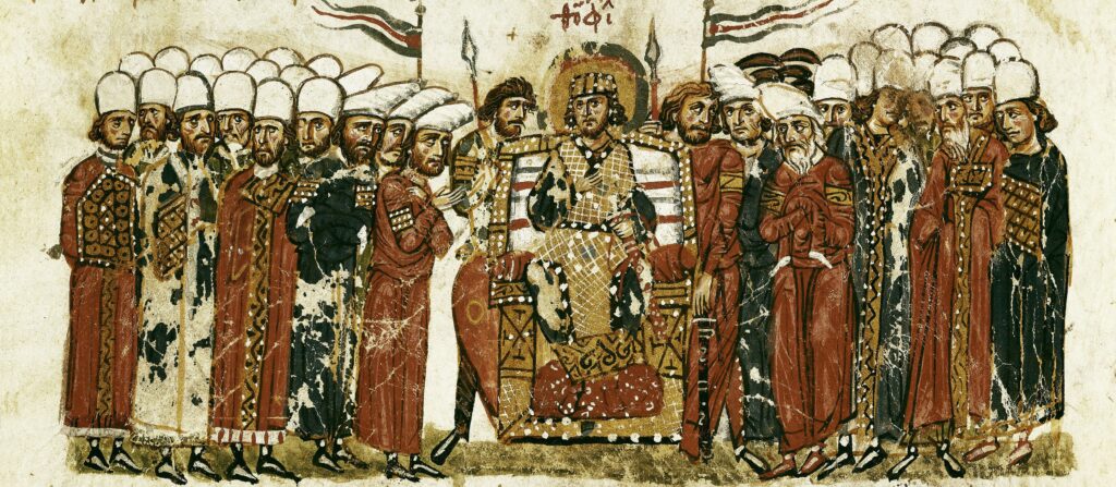 De Byzantijnse keizer Theophilos (813-842) omringd door zijn hovelingen. Beeld uit de kroniek van Skylitzes, twaalfde eeuw.