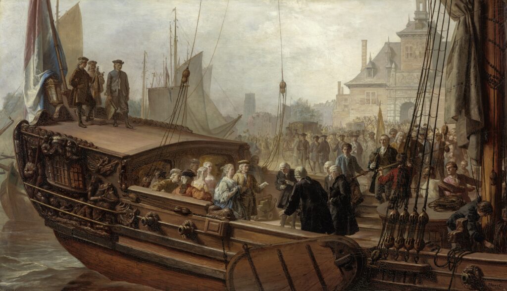 De burgemeesters van Rotterdam ontvangen de pasgetrouwde Willem IV en Anna in 1734. Schilderij door Jacob Spoel, 1867.