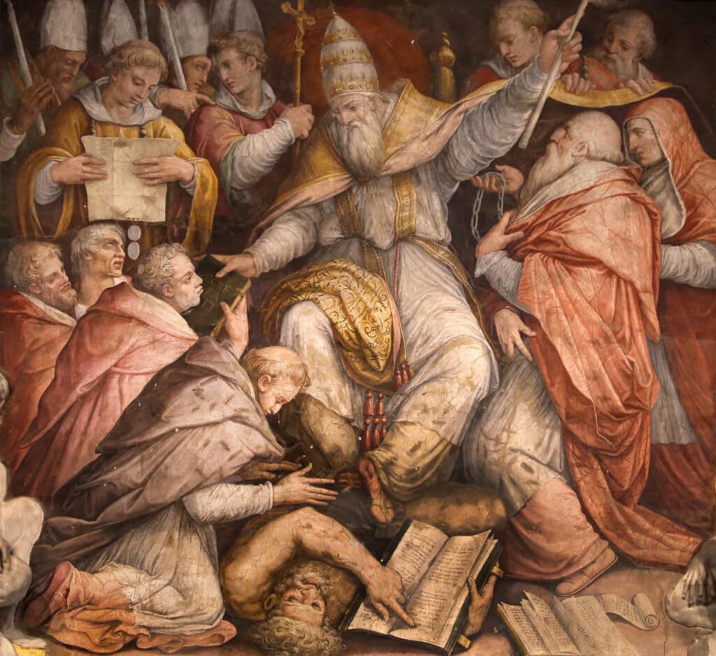 De excommunicatie van de Roomse keizer Frederik II door paus Gregorius IX. Schilderij door Giorgio Vasari, 1573.