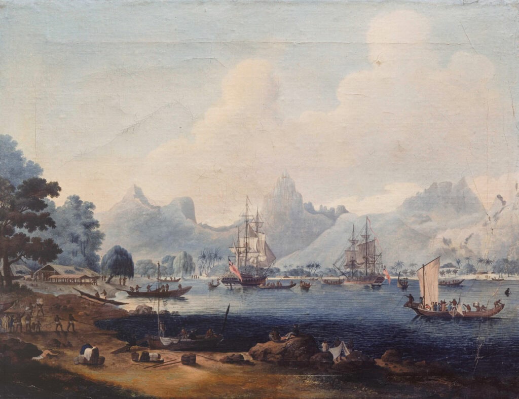 De schepen van James Cook liggen voor anker bij Tahiti. Schilderij door John Cleveley, circa 1780.