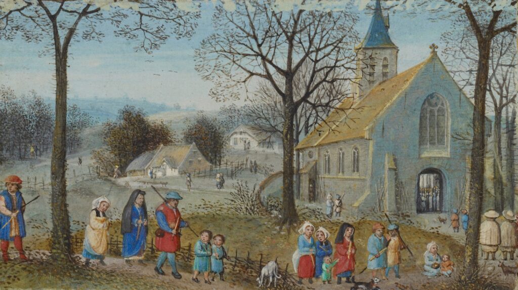 Dorpelingen lopen naar de kerk. Zestiende-eeuwse afbeelding door Simon Bening.