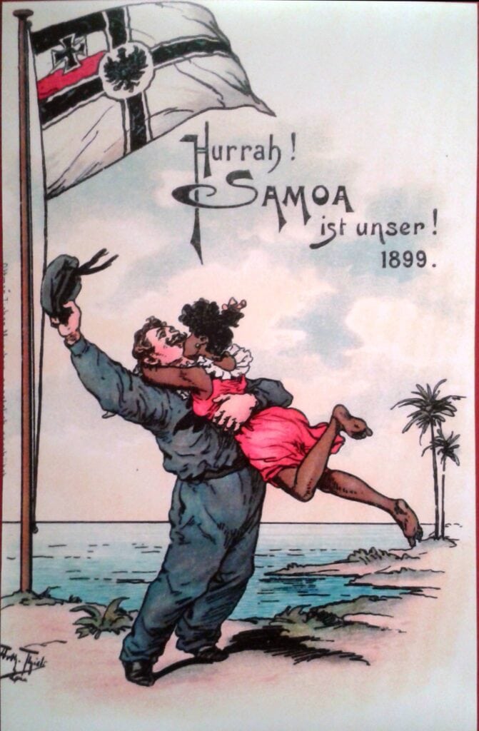 Twee mensen vieren de Duitse controle over Samoa in 1899 met vlaggen en dans.