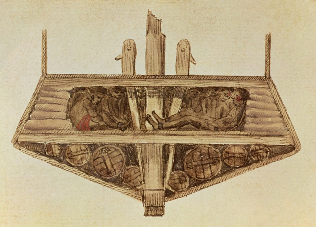 Dwarsdoorsnede van een Frans slavenschip. Tekening door Jacques-Henri Bernardin de Saint-Pierre, eind achttiende eeuw.
