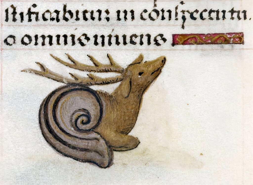 Een hybride dier: half ree, half slak. Uit het Getijdenboek van Johanna van Castilië, circa 1500.