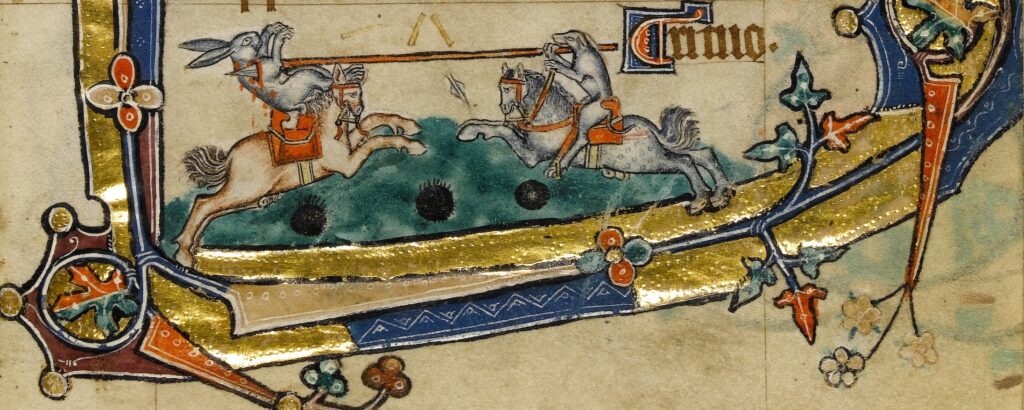 Een konijn en een hond verwikkeld in een steekspel, onderaan een pagina van het Macclesfield Psalter, circa 1330.