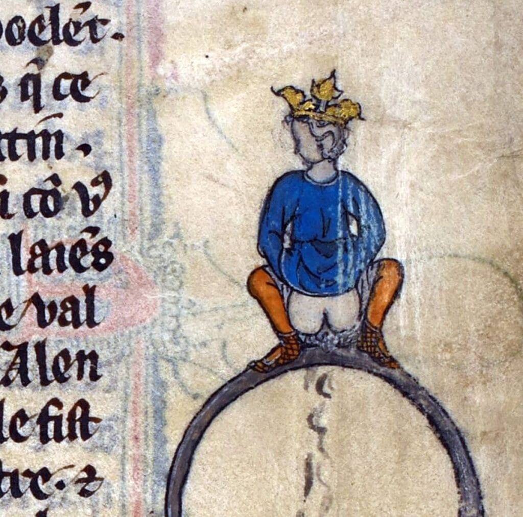 Een poepende koning, uit een veertiendeeeuwse uitgave van de Lancelot in proza.