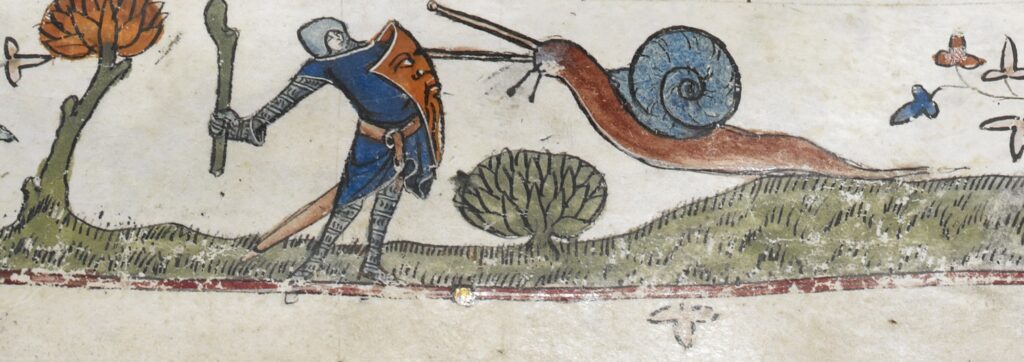 Een ridder vecht tegen een enorme slak, uit de veertiendeeeuwse Decretalen van Gregorius IX.