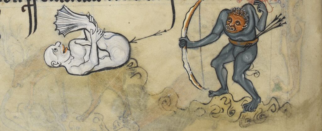Een demonische boogschutter en een sciapode, een bekend middeleeuws fabeldier. Rutland Psalter, circa 1260.