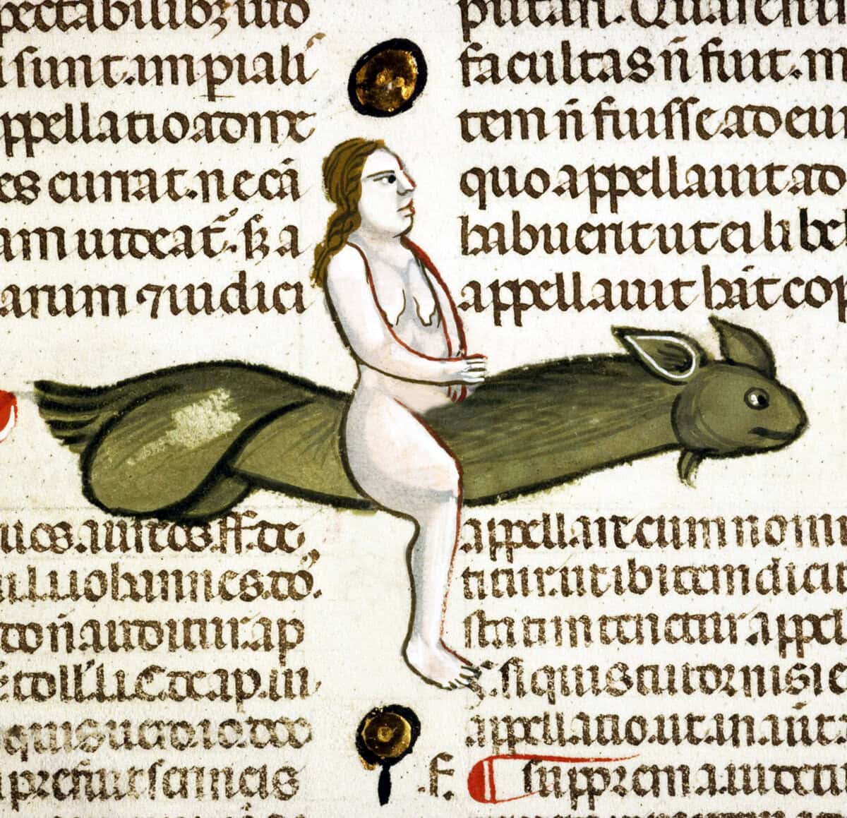 Een vrouw vliegt op een groen penismonster, circa 1345. Uit Decretum Gratiani, een twaalfde-eeuws kerkelijk wetboek.