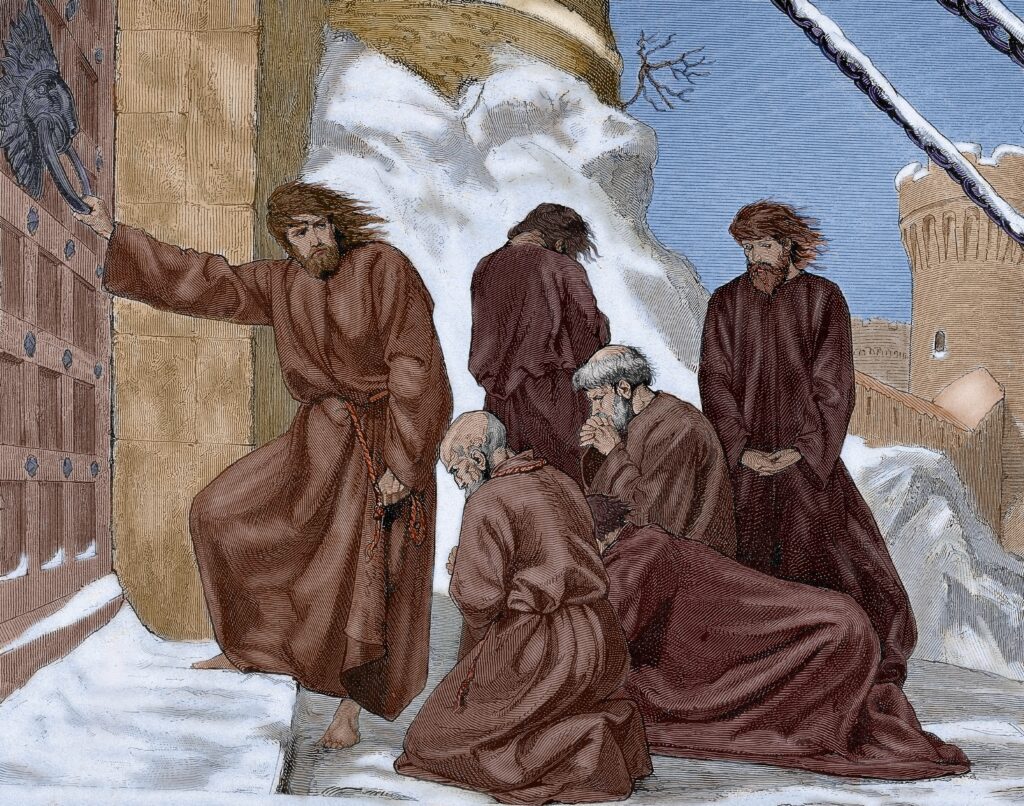Hendrik IV reist naar Canossa om de paus te vragen zijn excommunicatie ongedaan te maken.