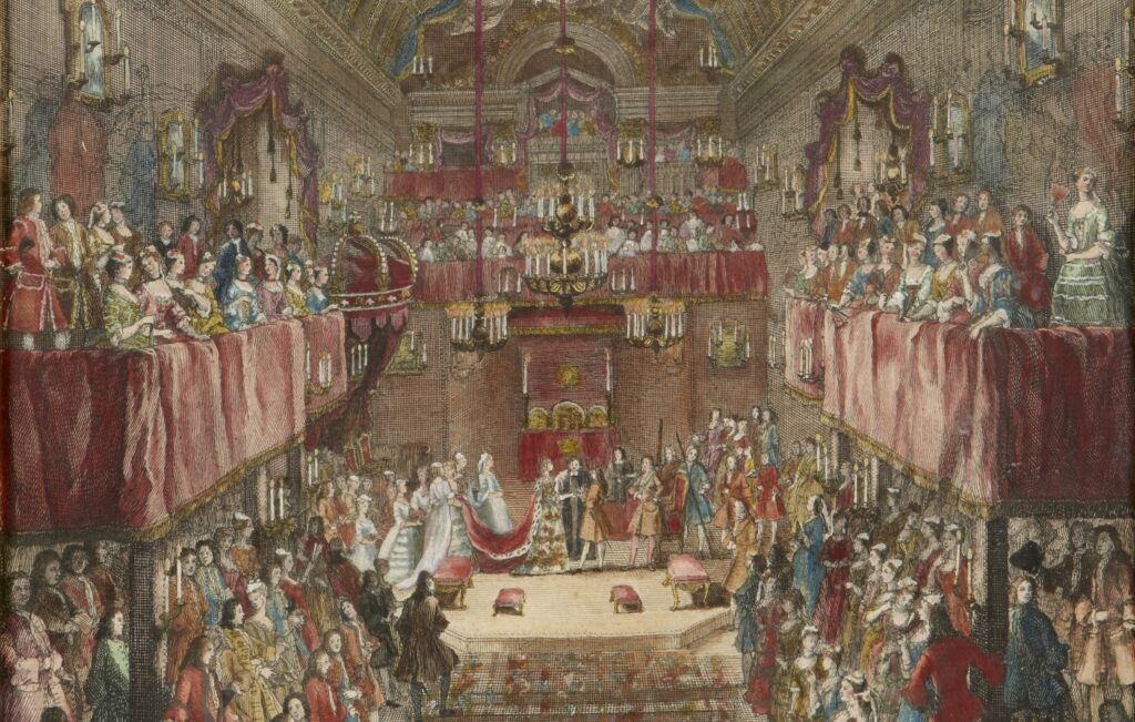 Het huwelijk van Willem IV en Anna, Ets door William Kent, 1734.