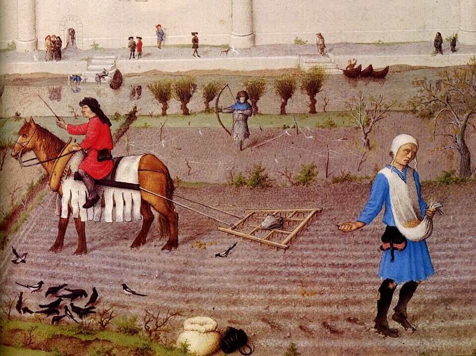 Middeleeuwse boeren zaaien wintergraan op akkers bij het Louvre. Afbeelding uit een vijftiende-eeuws manuscript.