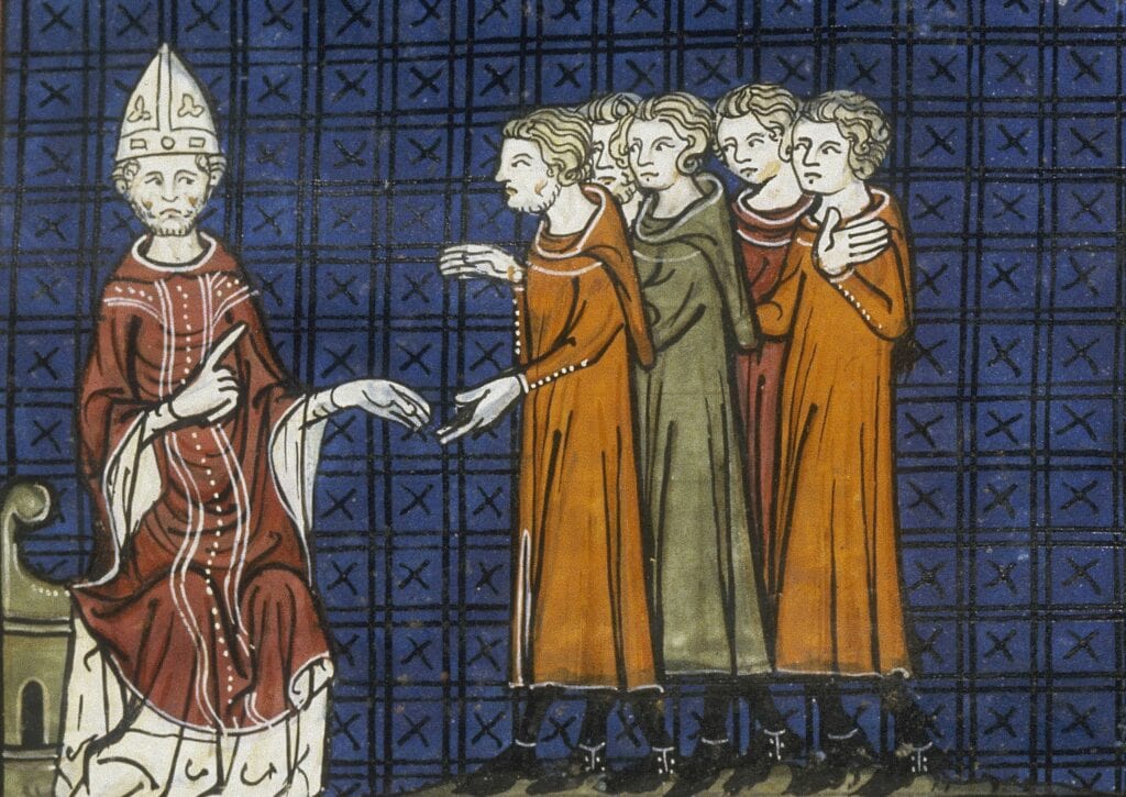 Paus Innocentius III excommuniceert de Katharen. Uit Les Grandes Chroniques de France, ca. 1332-1350.