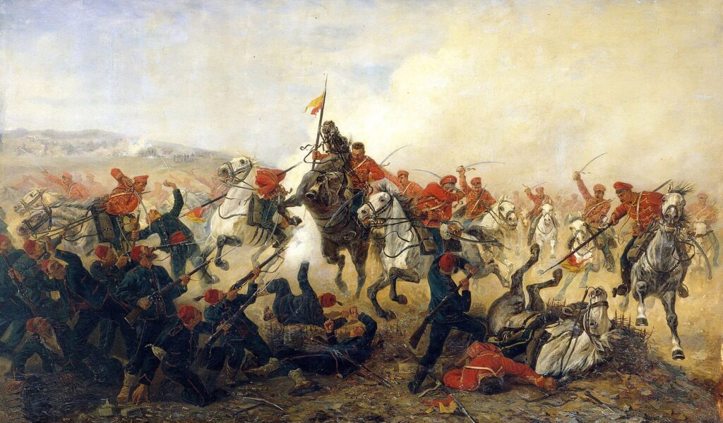 Schilderij van een veldslag tijdens de Russisch Turkse Oorlog.