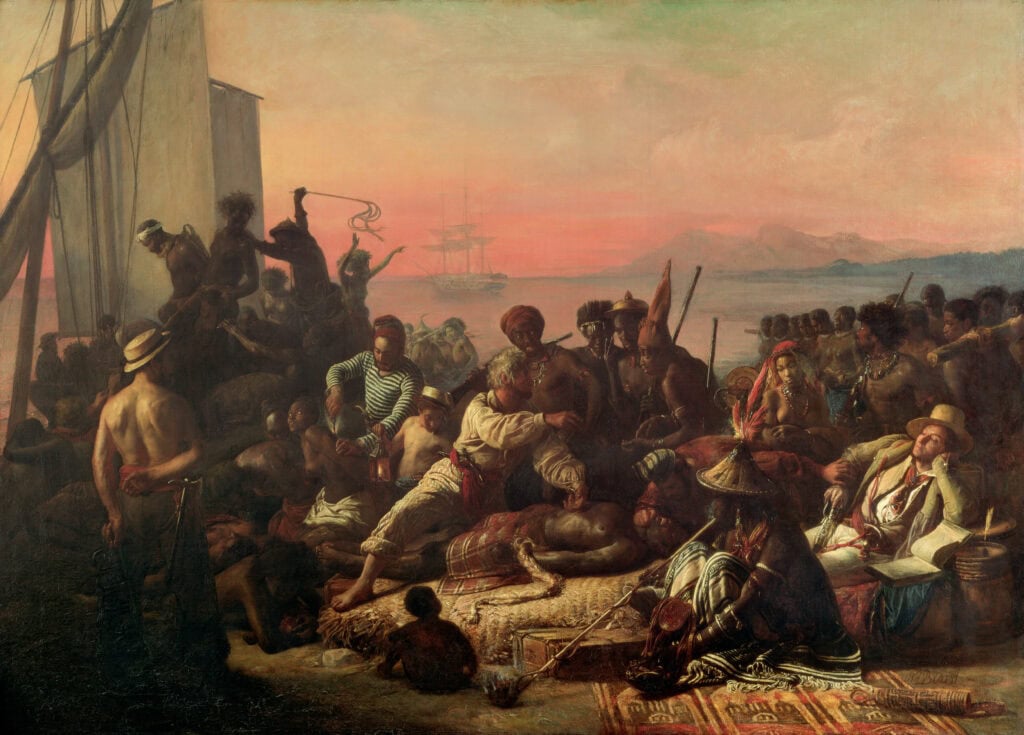 Slavenhandel aan de West-Afrikaanse kust. Schilderij door François Auguste Biard, circa 1833