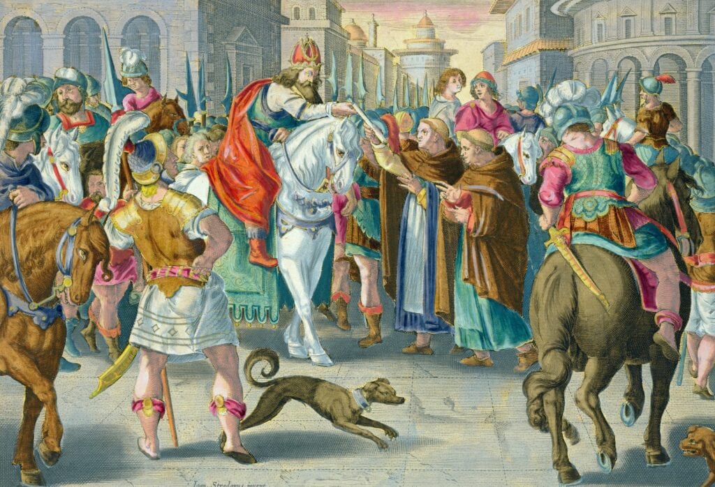 Twee monniken presenteren uit China gesmokkelde zijderupsen aan de Byzantijnse keizer Justinianus. Gravure uit 1595 door Jan van der Straet.