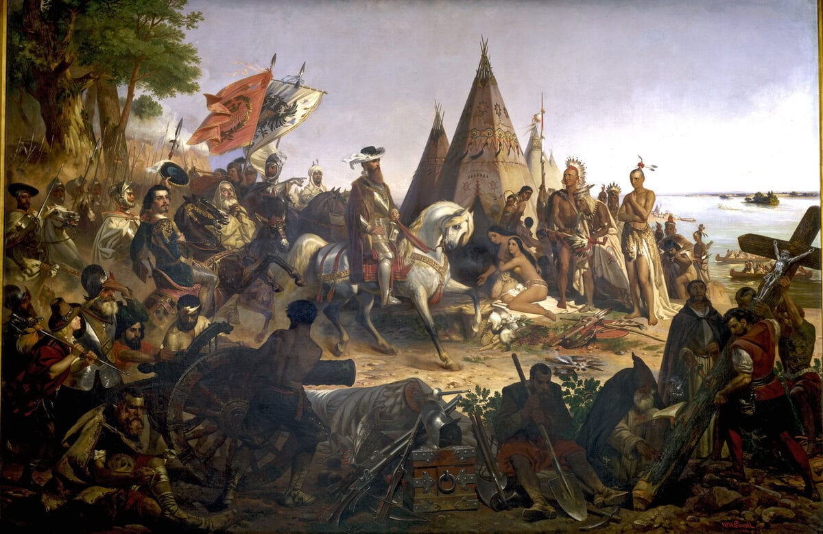 Hernando de Soto ontdekt de Mississippi in 1541. Schilderij door William Henry Powell, 1853.