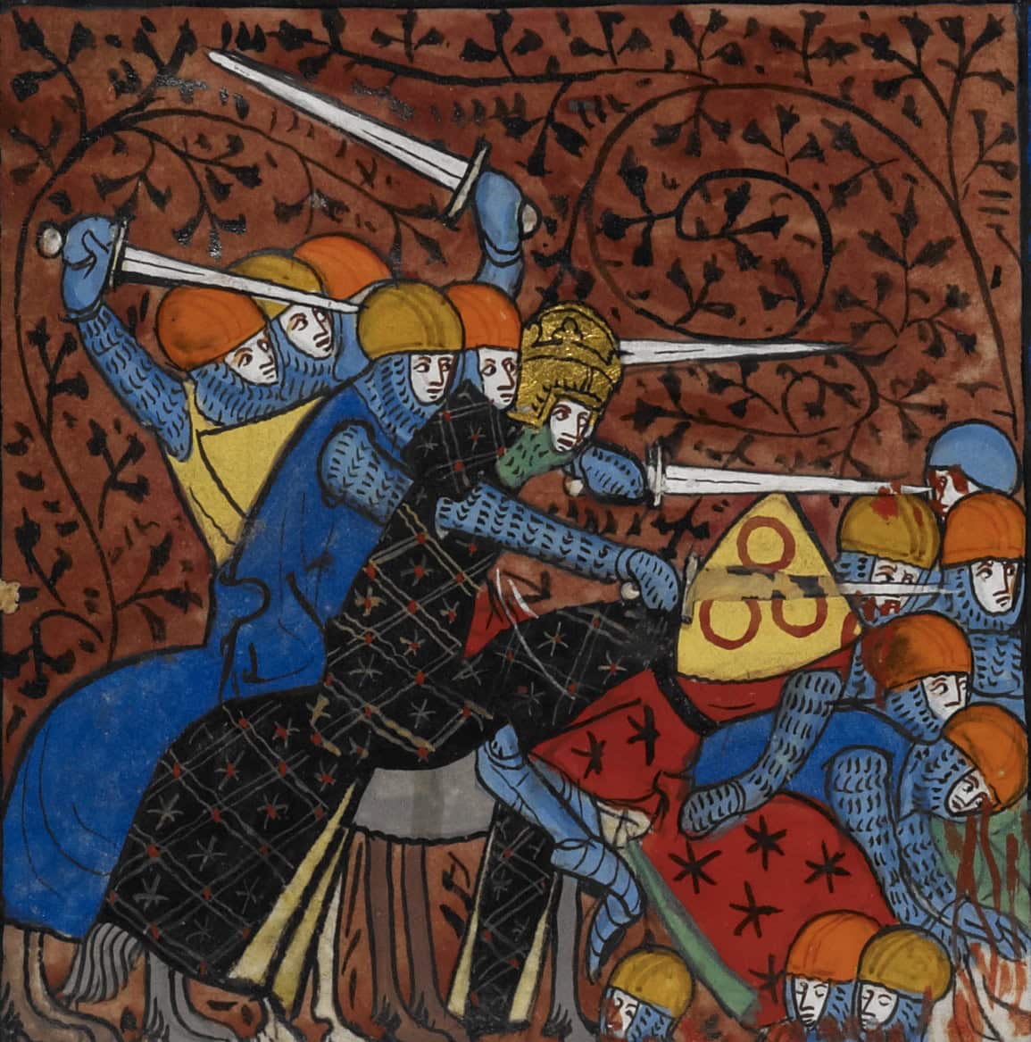 Karel de Grote verslaat de Saksen. Miniatuur uit een veertiende-eeuws Frans manuscript.