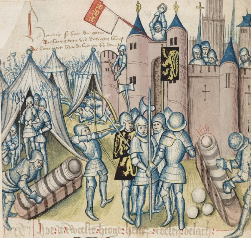 De oudst bekende afbeelding van een kanon in een Nederlands manuscript, circa 1400-1430