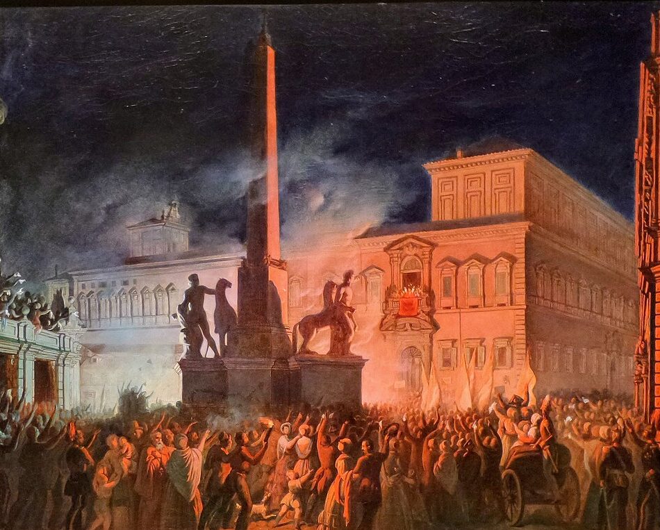 Paus Pius IX spreekt tijdens een politieke demonstratie in 1846 een menigte toe in Rome. Schilderij van Karl Brjoellov, 1850.