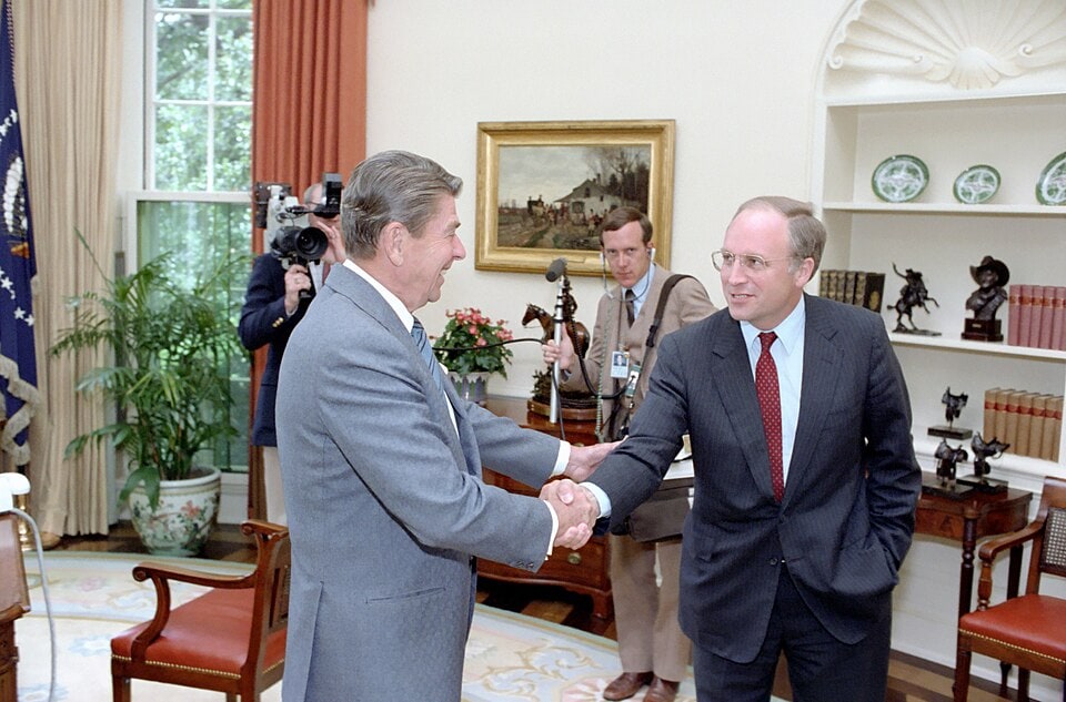 Dick Cheney met Ronald Reagan in het Witte Huis, 1983.