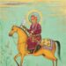 Akbar de Grote met een stralenkrans en een valk, symbolen van zijn heiligheid en macht. Negentiende-eeuwse schildering naar een miniatuur uit circa 1650.