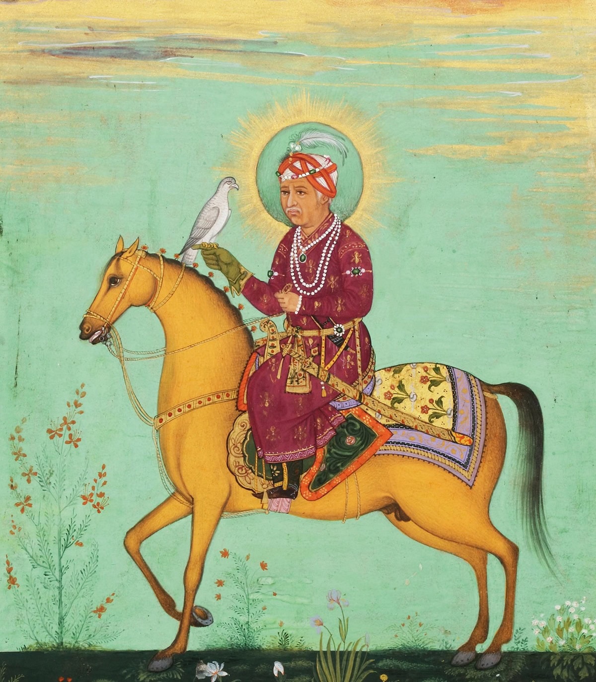 Akbar de Grote met een stralenkrans en een valk, symbolen van zijn heiligheid en macht. Negentiende-eeuwse schildering naar een miniatuur uit circa 1650.