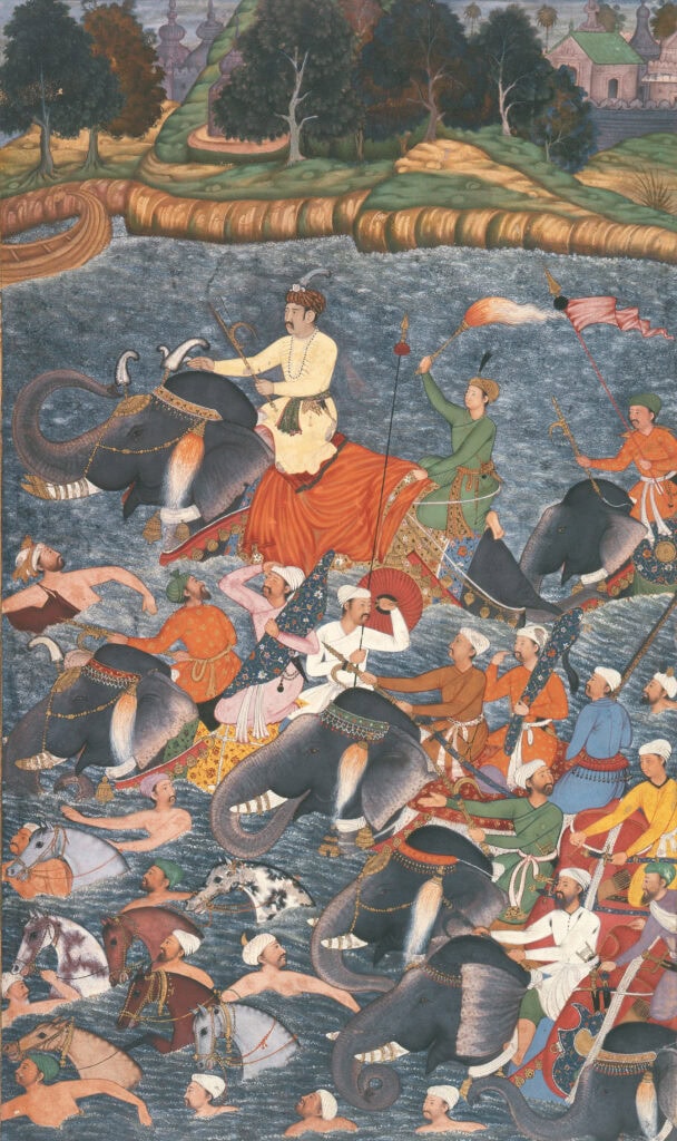 Akbar steekt op zijn olifant de Ganges over. Miniatuur uit de Akbarnama, circa 1590.