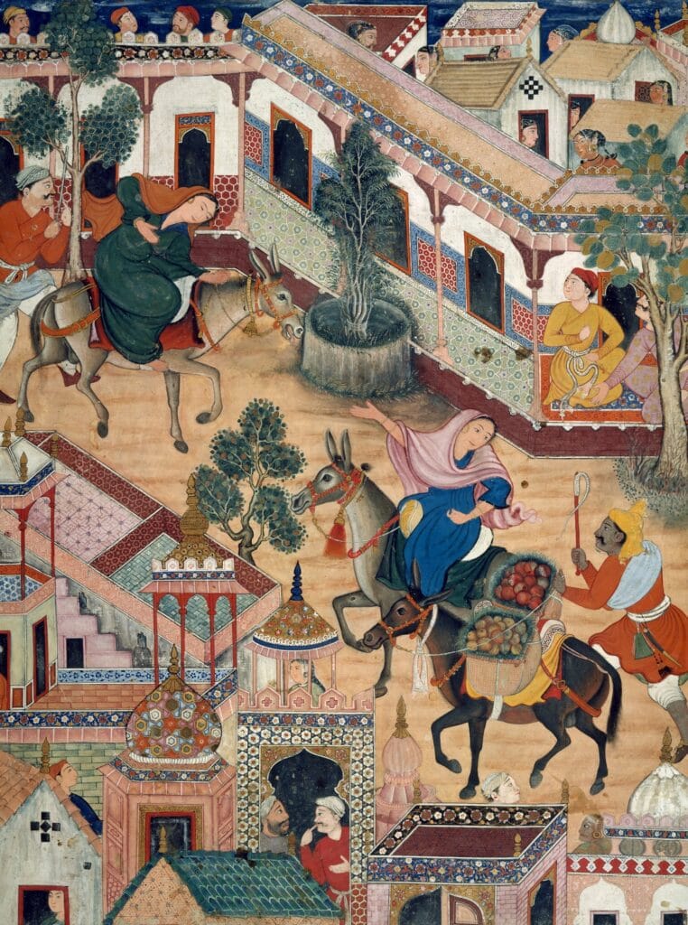 ‘De spion Zanbur brengt Mahiyya naar de stad Tawariq’. Miniatuur uit de Akbar Hamzanama, een Perzisch heldendicht, zestiende eeuw.