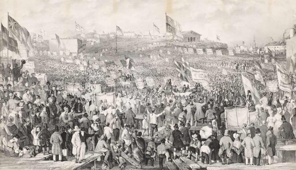 Demonstratie van vakbonden voor kiesrechthervorming in Birmingham. Gravure door Henry Harris, 1832.