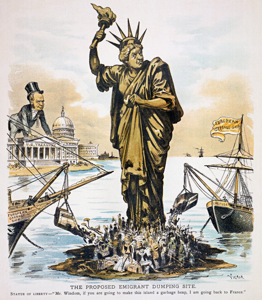 Europese schepen dumpen hun ‘afval’ aan de voet van het Vrijheidsbeeld. Anti- immigratieposter uit 1890.