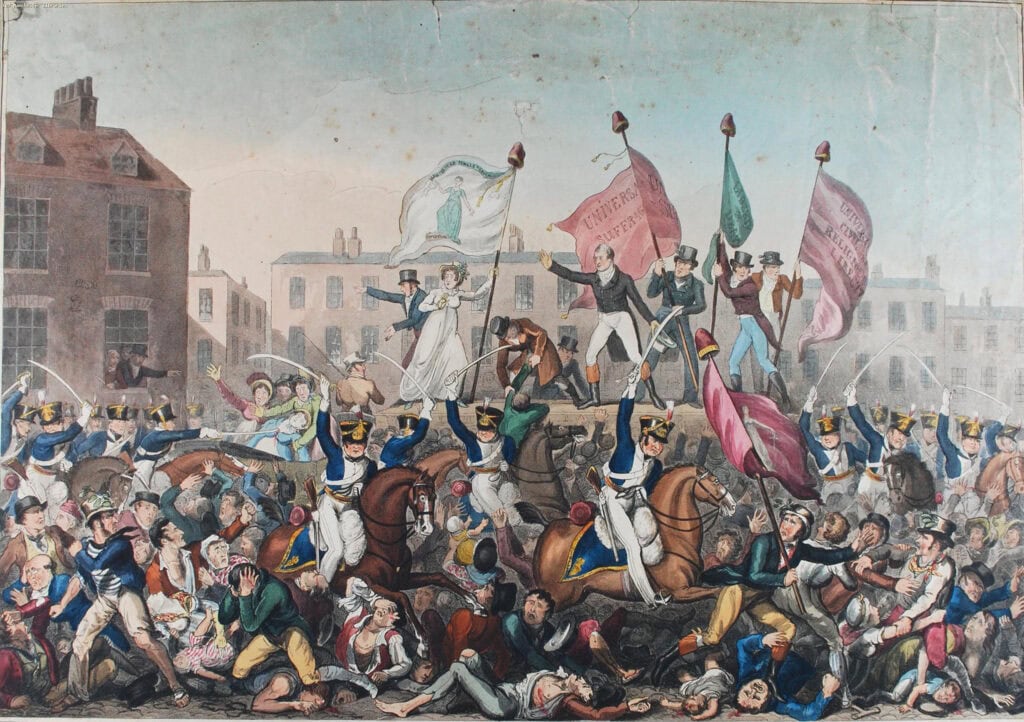 Het Peterloo Massacre. Gravure door George Cruikshank, 1819.