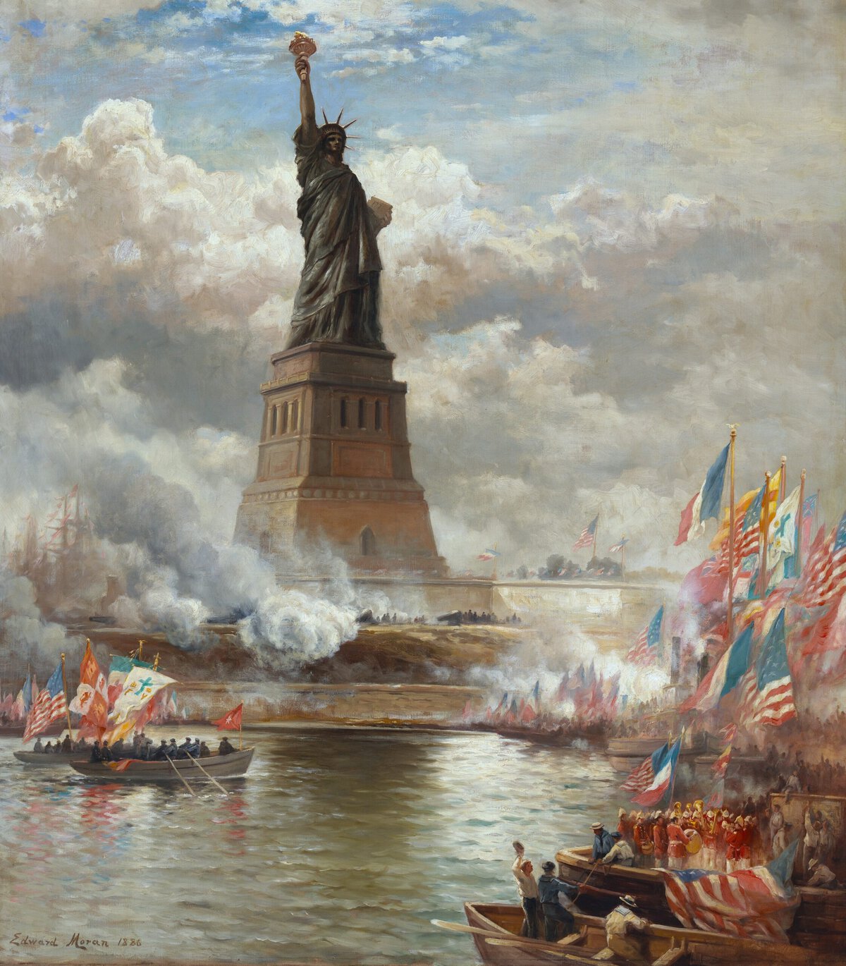 Het Vrijheidsbeeld wordt feestelijk onthuld in oktober 1886. Schilderij door Edward Moran.