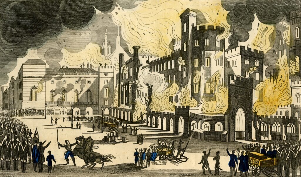 Het gebouw van het Lager- en Hogerhuis in Londen brandt op 16 oktober 1834 af.