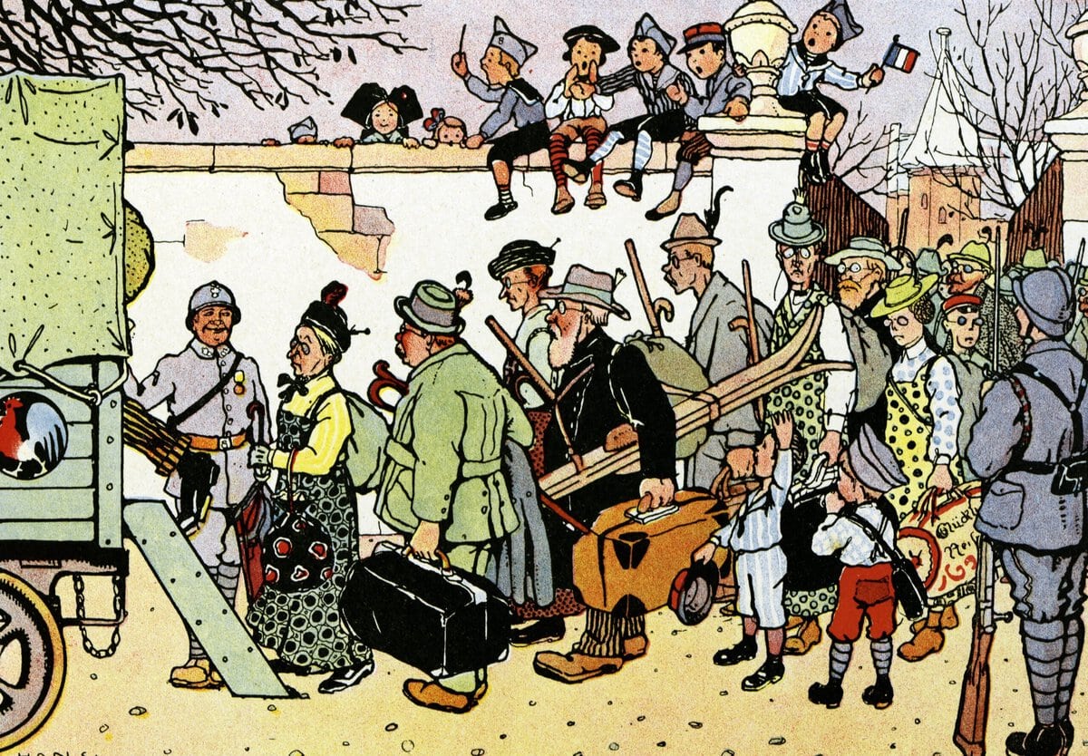 ‘Het vertrek van de moffen uit Colmar’. Illustratie door Hansi (JeanJacques Waltz) uit het prentenboek L’Alsace heureuse, 1919.