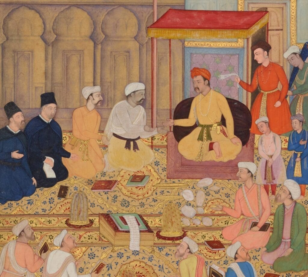 Jezuïeten – in het zwart – aan Akbars hof. Miniatuur uit een latere editie van de Akbarnama, circa 1605.
