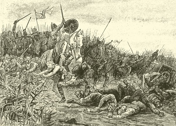 Karel Martel strijdt tegen de Friezen. Negentiende-eeuwse gravure
