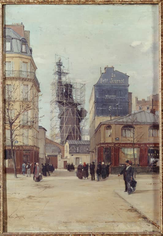 Lady Liberty rijst uit boven de daken van de Rue de Chazelles in Parijs. Schilderij door Paul Joseph Victor Dargaud, 1884.